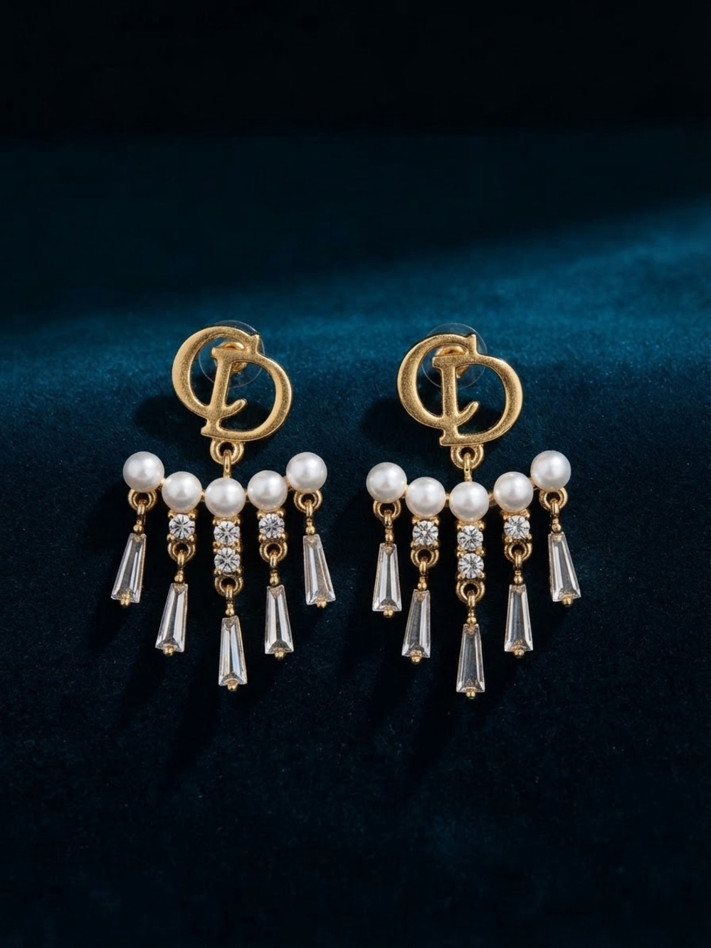 Gold and White Pearl Fringe Drop Earrings